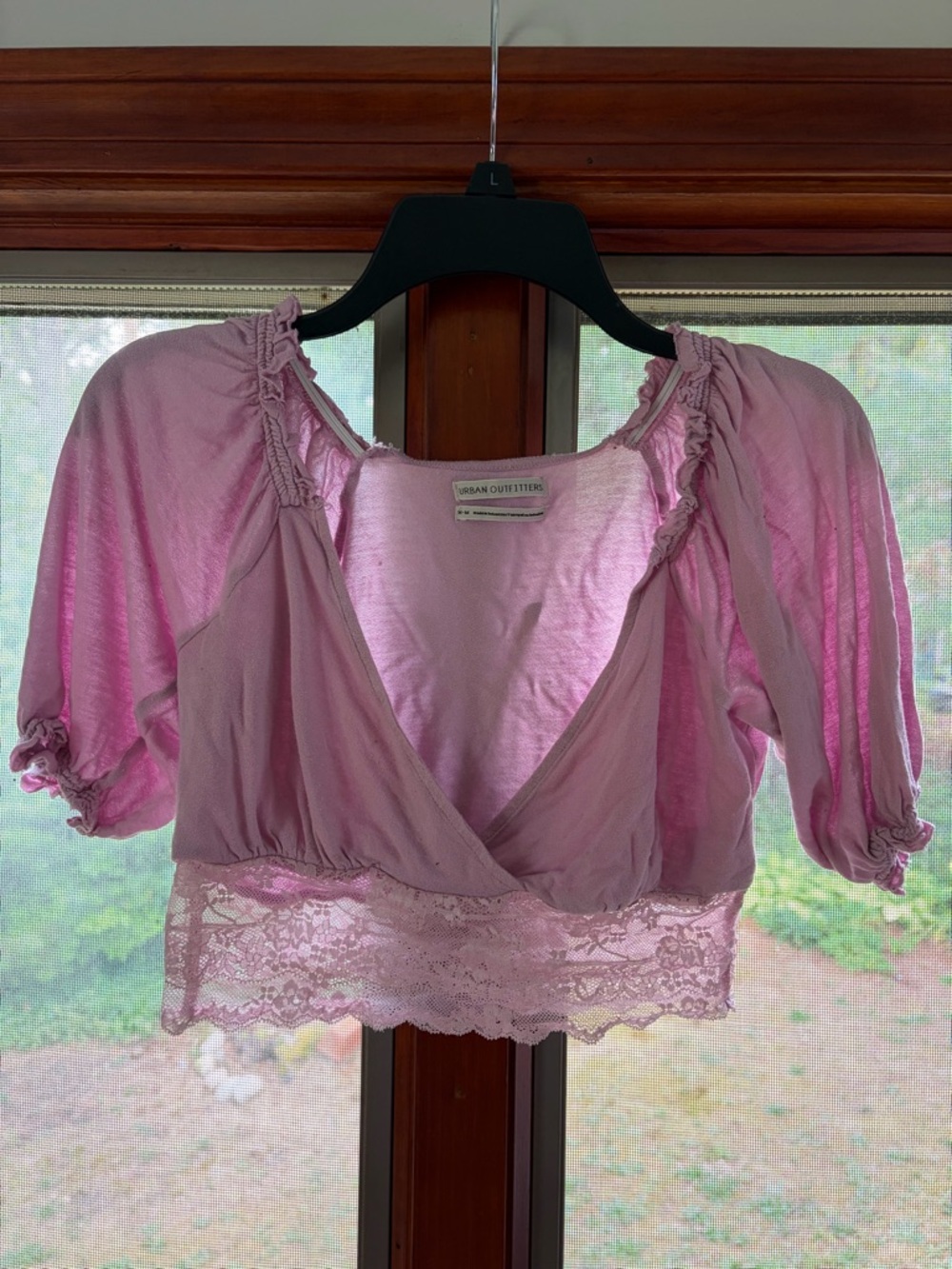Urban Outfitters Light Pink Lace-Trim Peasant Crop Top